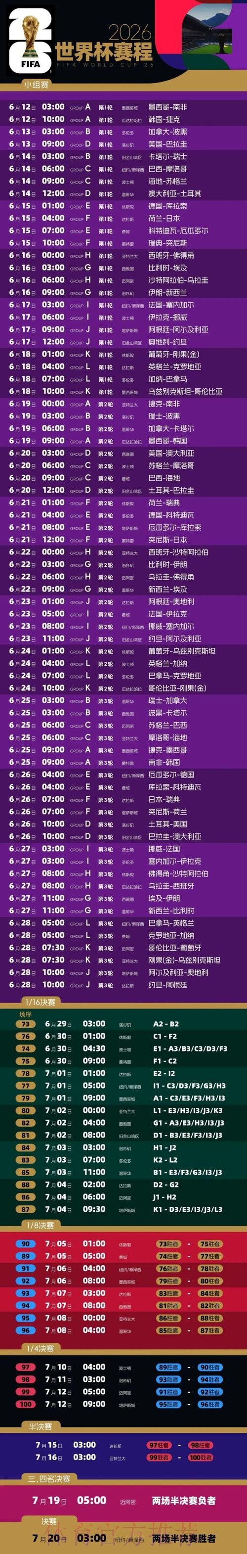 2026世界杯比赛时间表 2026世界杯比赛时间表